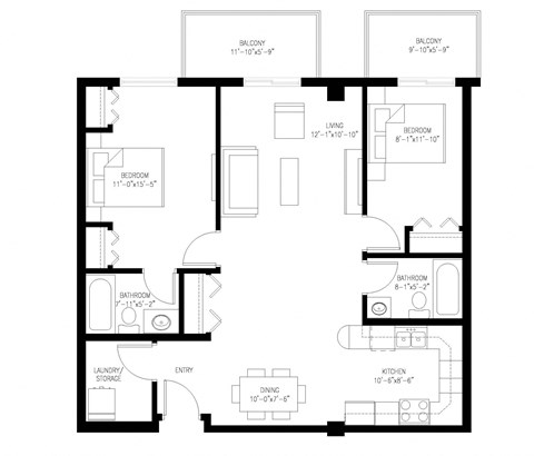 Floor plan for 2 beds, 2 baths, 985 sqft